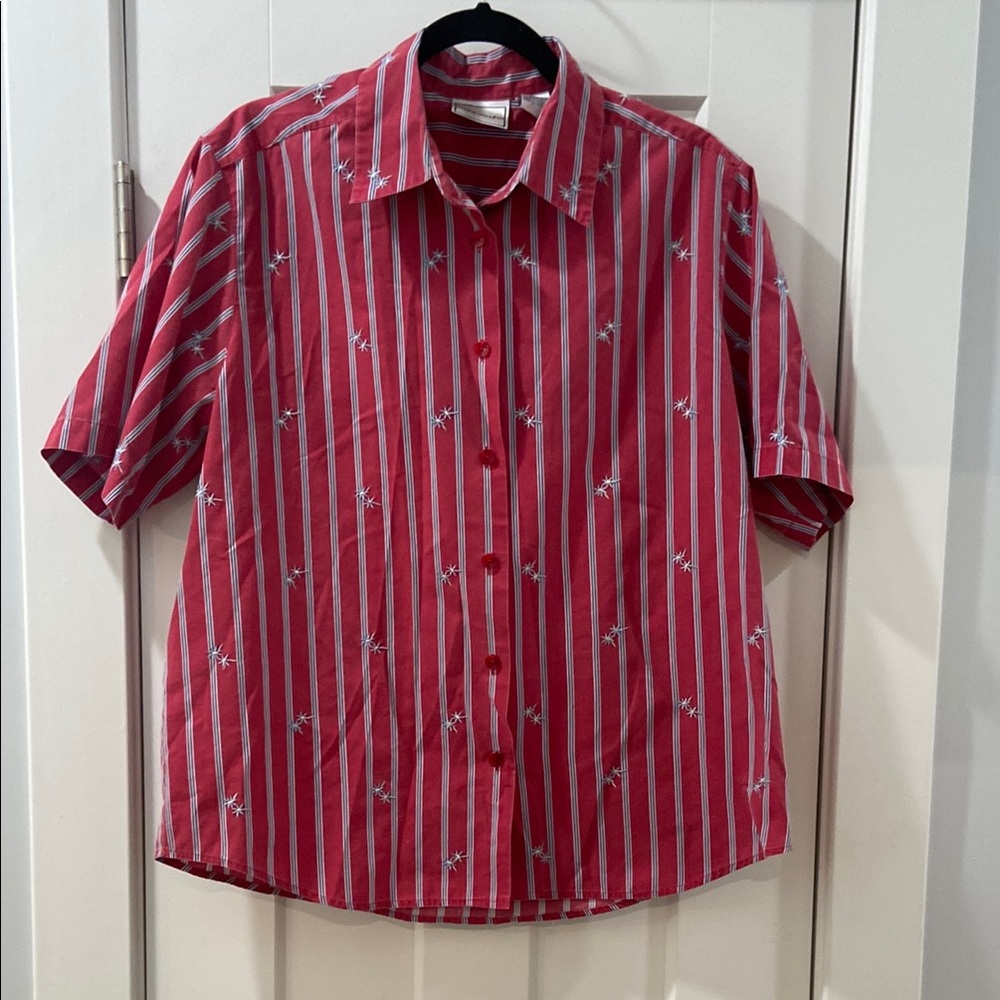 Vintage Red White and Blue Stripes and Embroidered Floral Women's Large Shirt